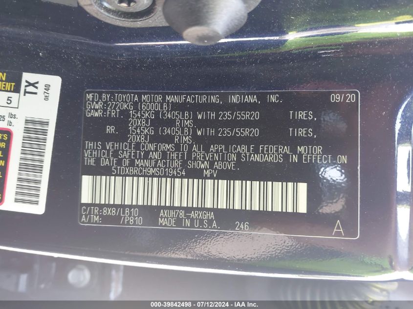 2021 Toyota Highlander Hybrid Limited VIN: 5TDXBRCH9MS019454 Lot: 39842498