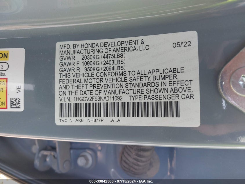 VIN 1HGCV2F93NA011092 2022 HONDA ACCORD TOURING