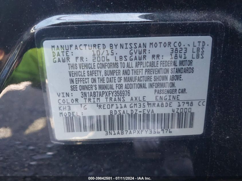 2015 NISSAN SENTRA S/SV/SR/SL - 3N1AB7APXFY356976