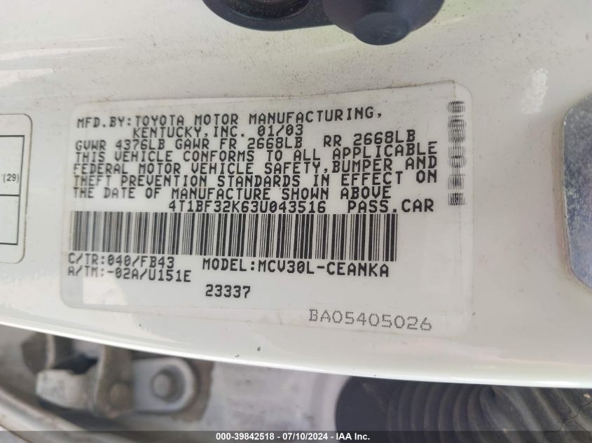 2003 Toyota Camry Le V6 VIN: 4T1BF32K63U043516 Lot: 39842518