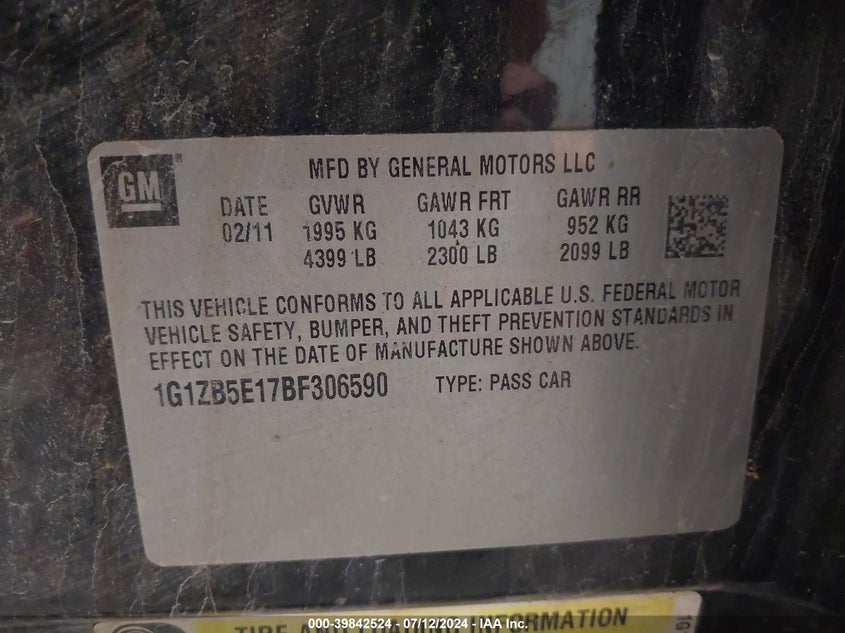 2011 Chevrolet Malibu Ls VIN: 1G1ZB5E17BF306590 Lot: 39842524