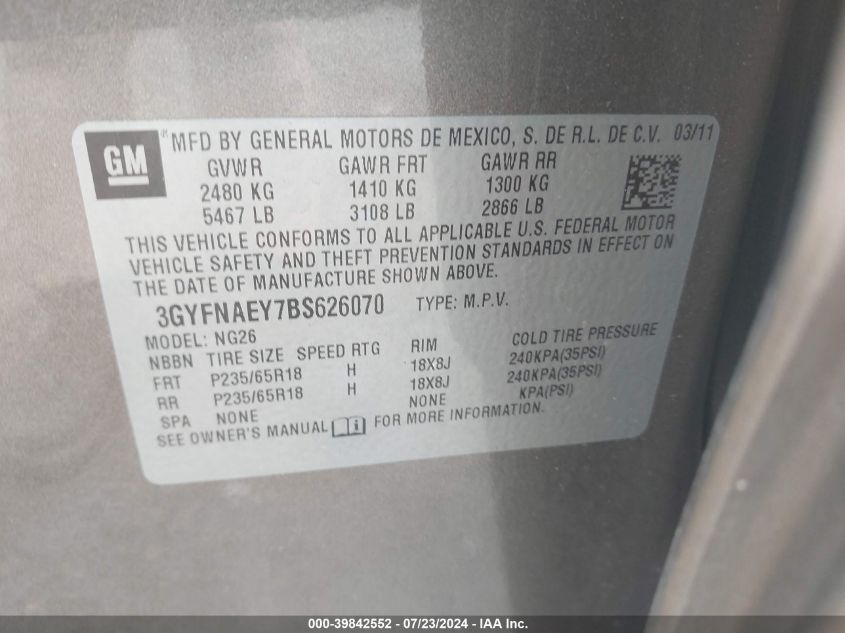 2011 Cadillac Srx Luxury Collection VIN: 3GYFNAEY7BS626070 Lot: 39842552