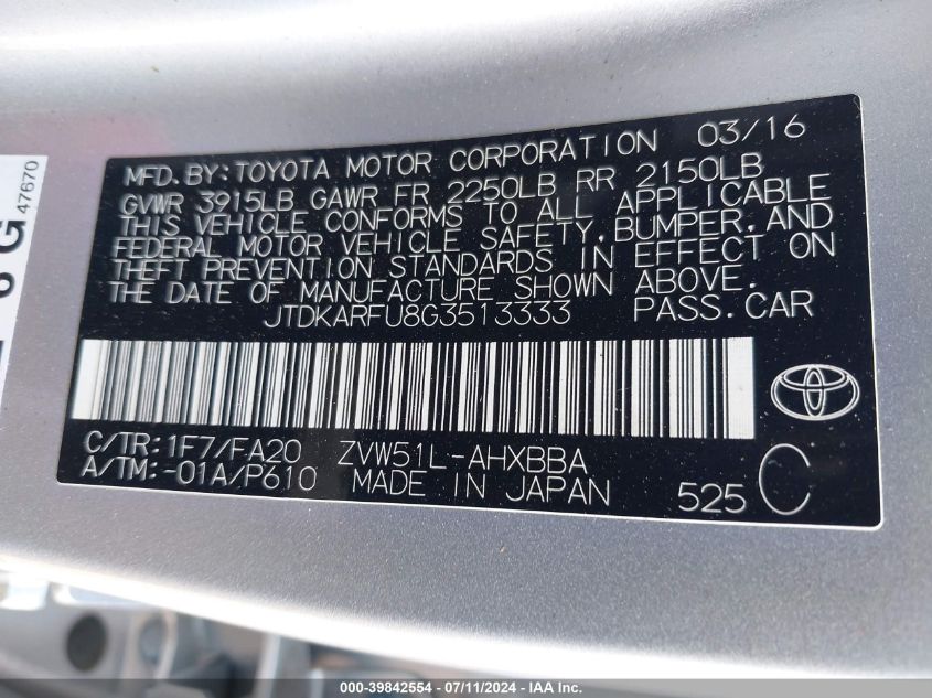 2016 Toyota Prius Two Eco VIN: JTDKARFU8G3513333 Lot: 39842554