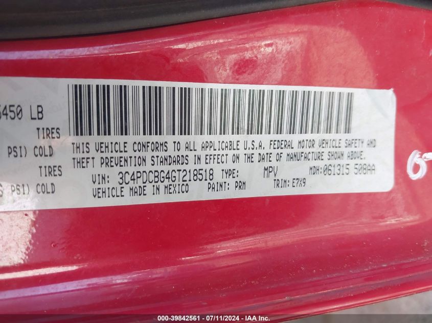 2016 Dodge Journey Sxt VIN: 3C4PDCBG4GT218518 Lot: 39842561