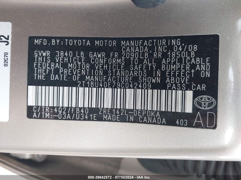2009 Toyota Corolla Le VIN: 2T1BU40E79C042409 Lot: 39842572