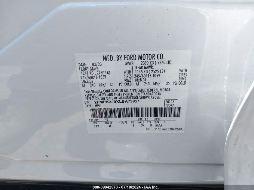 2020 Ford Edge Sel VIN: 2FMPK3J9XLBA73821 Lot: 39842573