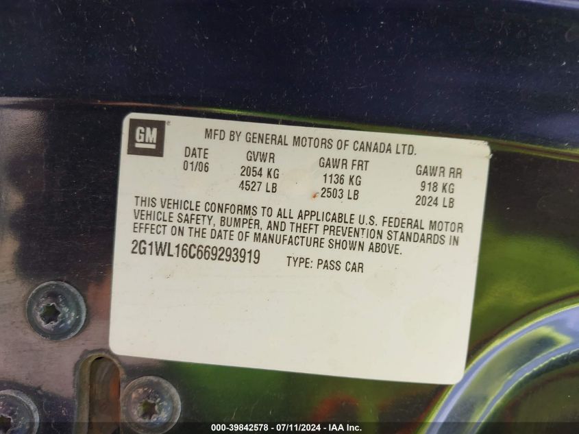 2006 Chevrolet Monte Carlo Ss VIN: 2G1WL16C669293919 Lot: 39842578
