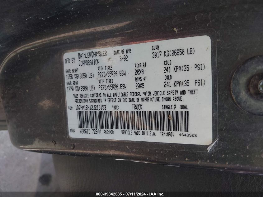 2002 Dodge Ram 1500 St VIN: 1D7HA18N12J215153 Lot: 39842585