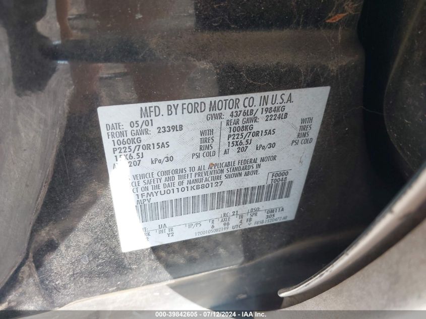 2001 Ford Escape Xls VIN: 1FMYU01101KB80127 Lot: 39842605