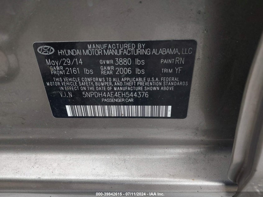 2014 Hyundai Elantra Se VIN: 5NPDH4AE4EH544376 Lot: 39842615