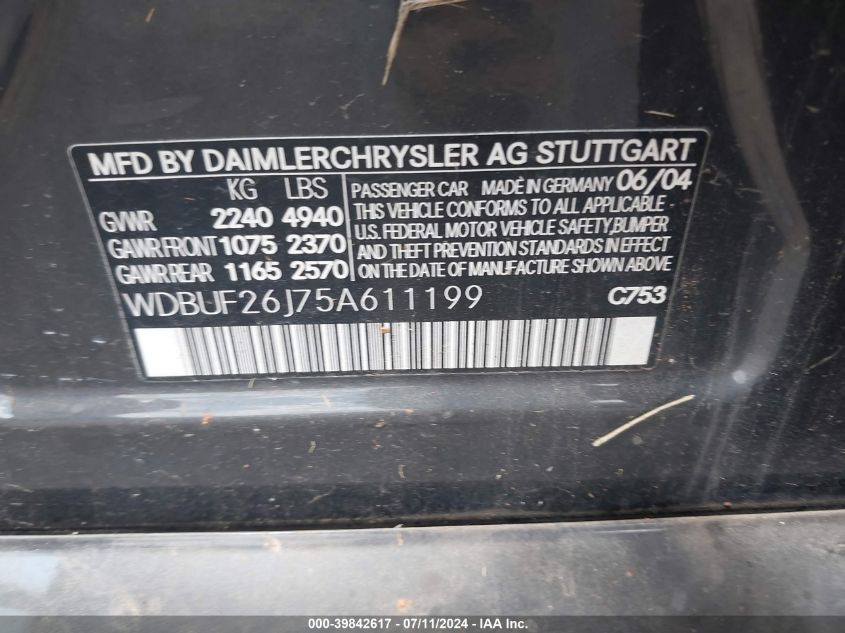 2005 Mercedes-Benz E 320 Cdi VIN: WDBUF26J75A611199 Lot: 39842617