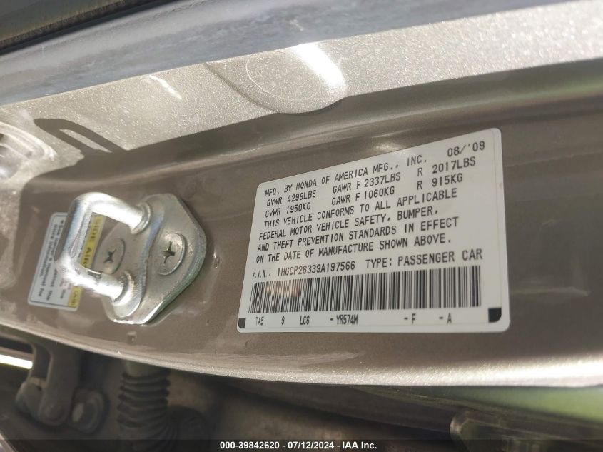 2009 Honda Accord 2.4 Lx VIN: 1HGCP26339A197566 Lot: 39842620