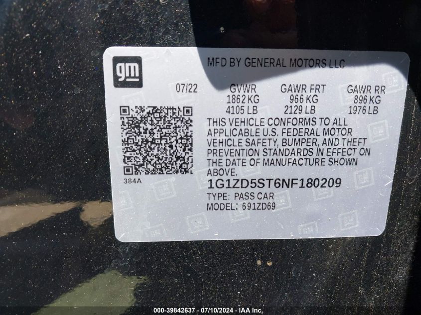 2022 Chevrolet Malibu Fwd Lt VIN: 1G1ZD5ST6NF180209 Lot: 39842637