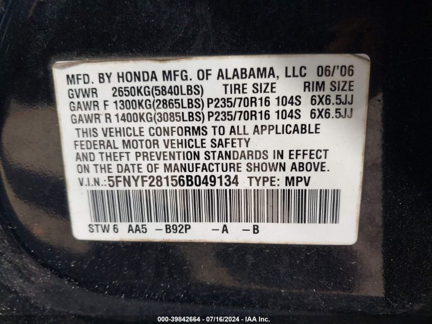 2006 Honda Pilot Lx VIN: 5FNYF28156B049134 Lot: 39842664