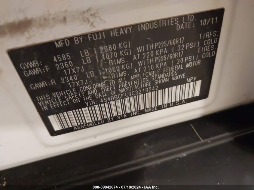 2012 Subaru Outback 2.5I Limited VIN: 4S4BRCKC8C3218242 Lot: 39842674