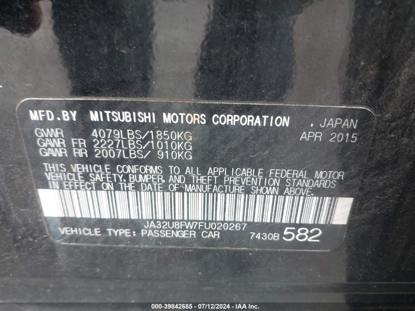 2015 Mitsubishi Lancer Gt VIN: JA32U8FW7FU020267 Lot: 39842685