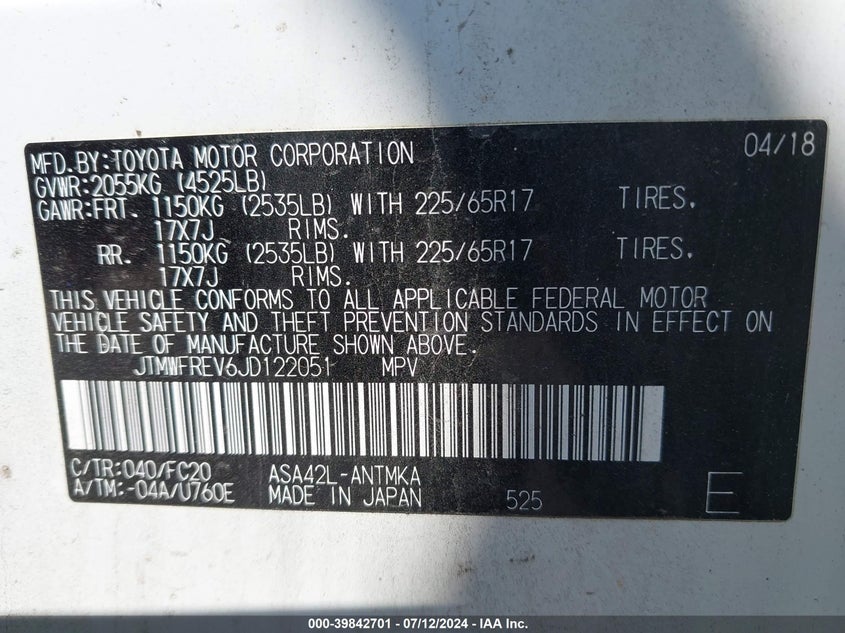 2018 TOYOTA RAV4 XLE - JTMWFREV6JD122051