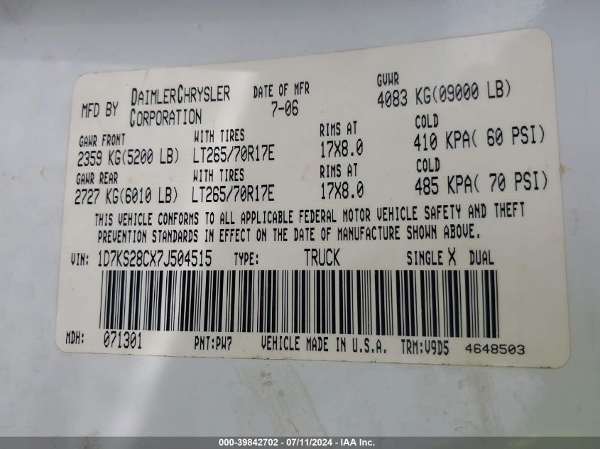 2007 Dodge Ram 2500 Slt/Trx4 Off Road/Sport/Power Wagon VIN: 1D7KS28CX7J504515 Lot: 39842702