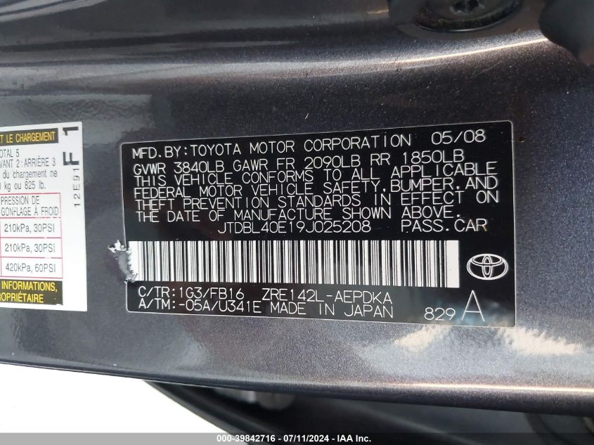 2009 Toyota Corolla Le VIN: JTDBL40E19J025208 Lot: 39842716