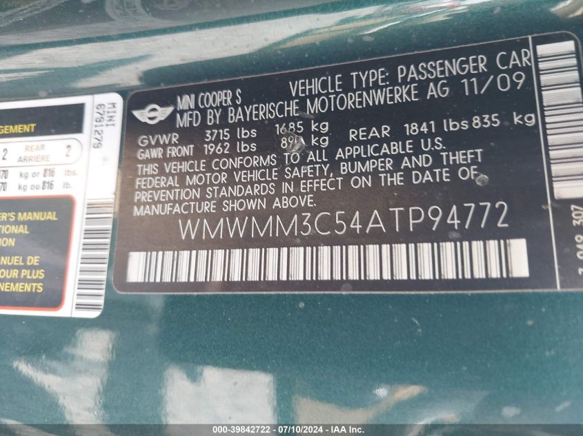 2010 Mini Cooper S Clubman VIN: WMWMM3C54ATP94772 Lot: 39842722