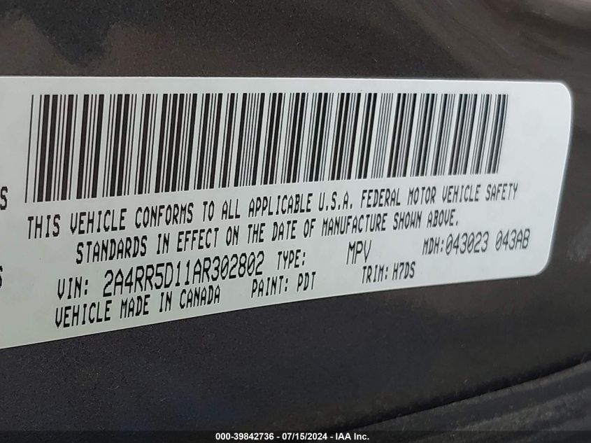 2010 Chrysler Town & Country Touring VIN: 2A4RR5D11AR302802 Lot: 39842736