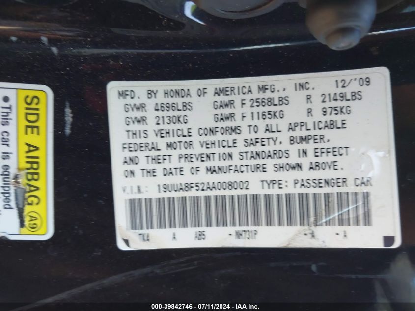 19UUA8F52AA008002 2010 Acura Tl 3.5