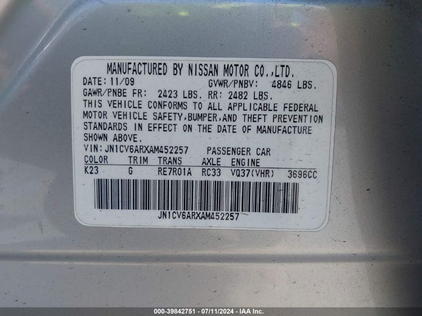 2010 Infiniti G37X VIN: JN1CV6ARXAM452257 Lot: 39842751