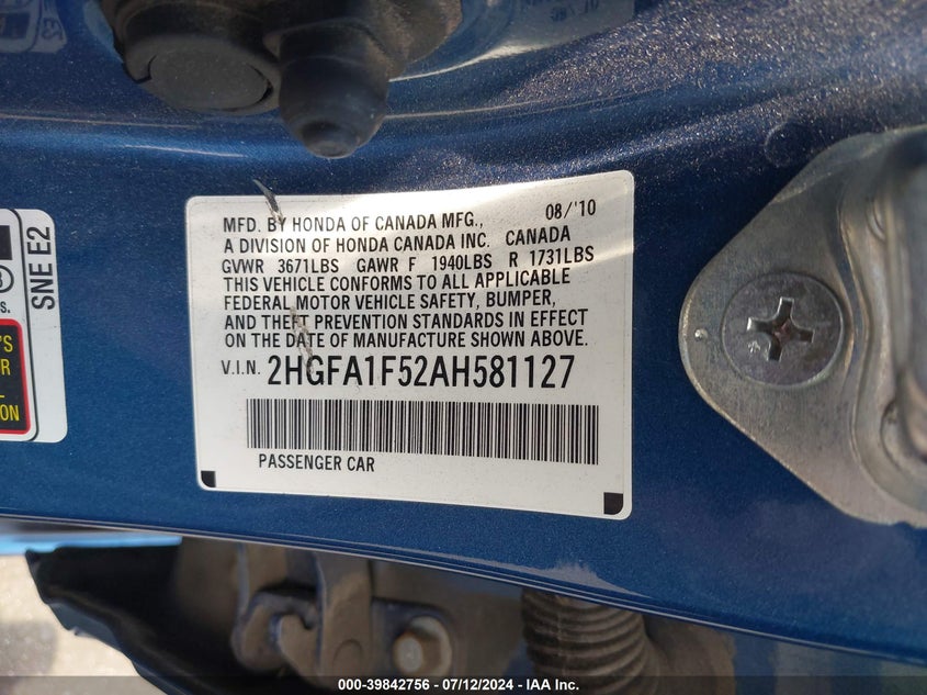 2010 Honda Civic Lx VIN: 2HGFA1F52AH581127 Lot: 39842756