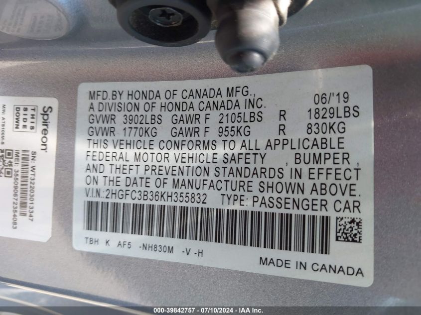 2019 Honda Civic Ex VIN: 2HGFC3B36KH355832 Lot: 39842757