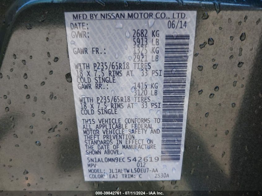 2014 Infiniti Qx60 VIN: 5N1AL0MN9EC542619 Lot: 39842761