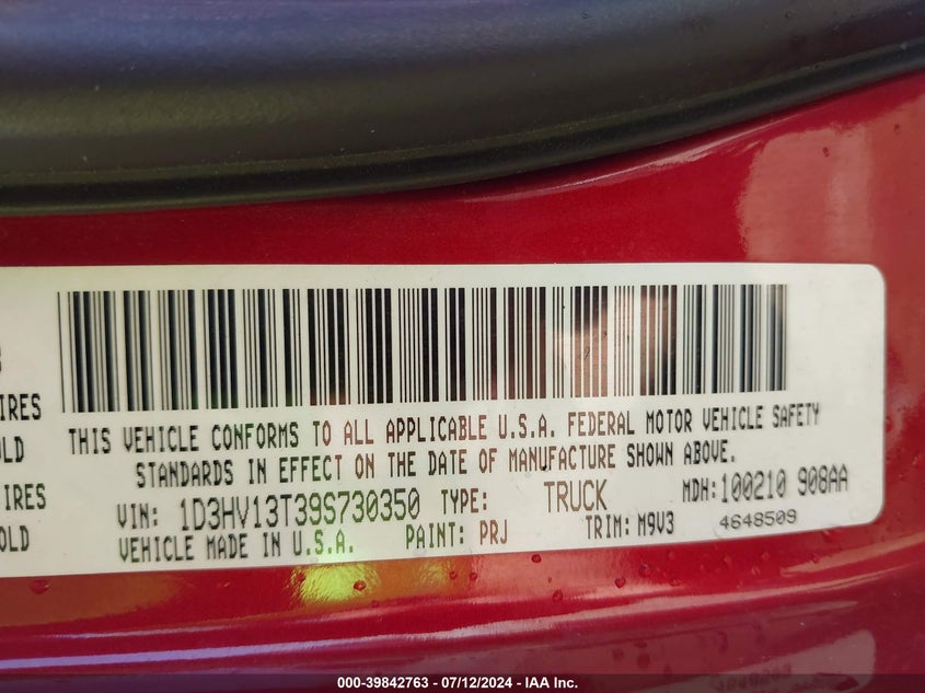 2009 Dodge Ram 1500 Slt/Sport/Trx VIN: 1D3HV13T39S730350 Lot: 39842763