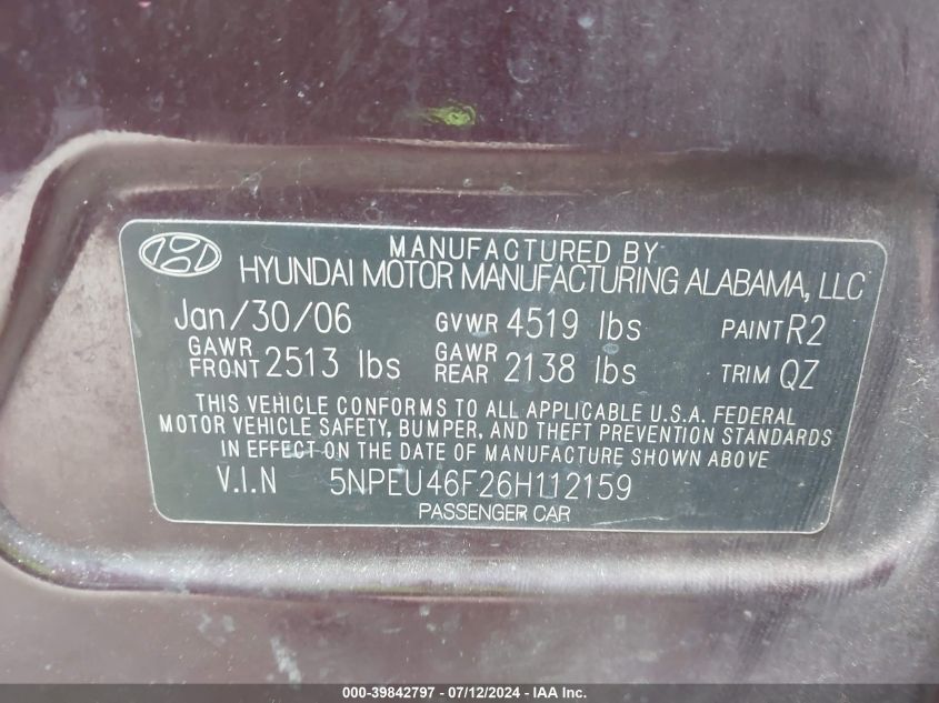 5NPEU46F26H112159 2006 Hyundai Sonata Gls V6/Lx V6