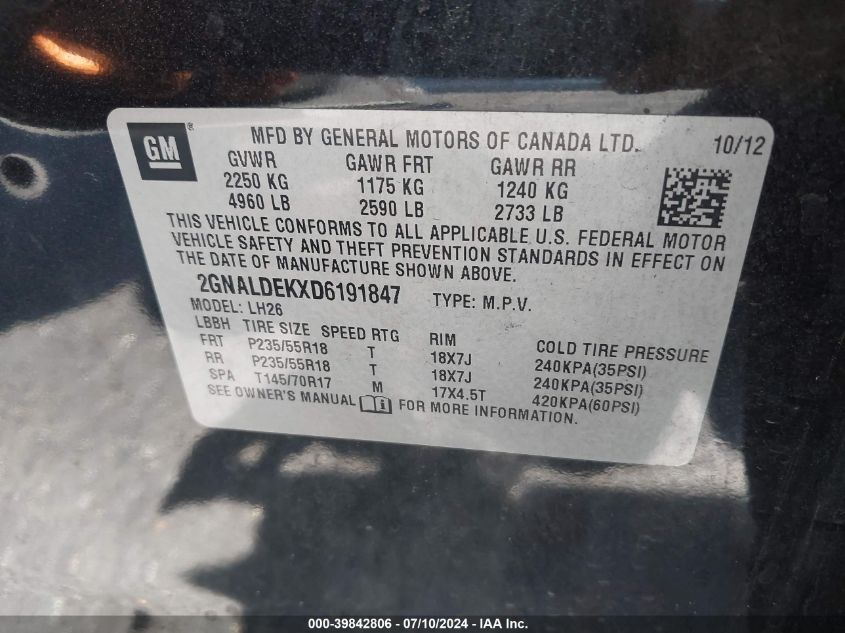 2013 Chevrolet Equinox 1Lt VIN: 2GNALDEKXD6191847 Lot: 39842806