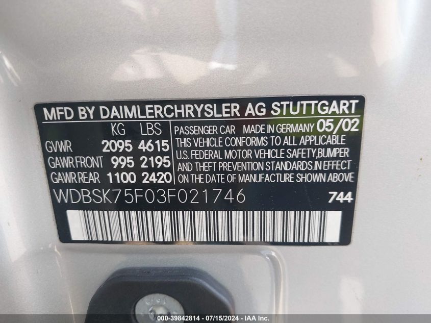 2003 Mercedes-Benz Sl 500 VIN: WDBSK75F03F021746 Lot: 39842814