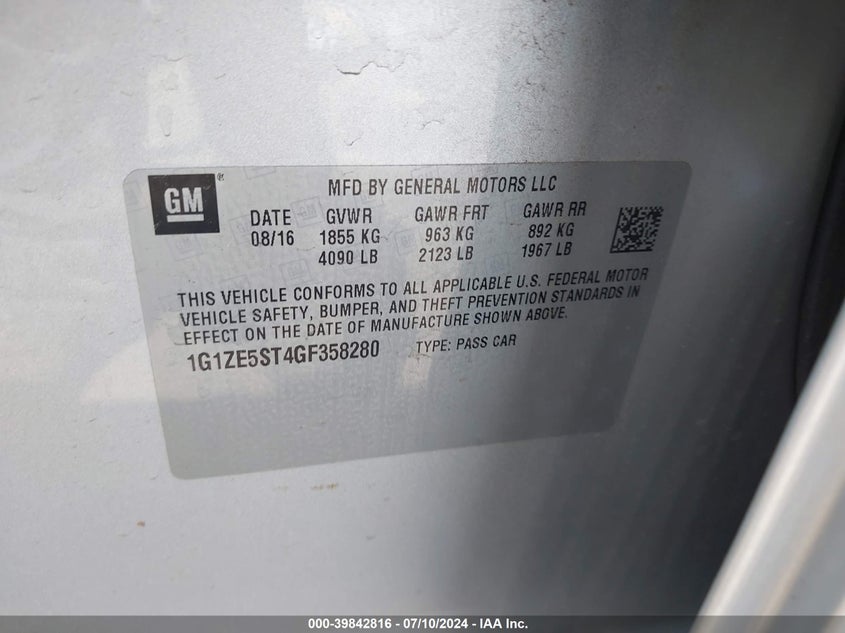 2016 Chevrolet Malibu 1Lt VIN: 1G1ZE5ST4GF358280 Lot: 39842816