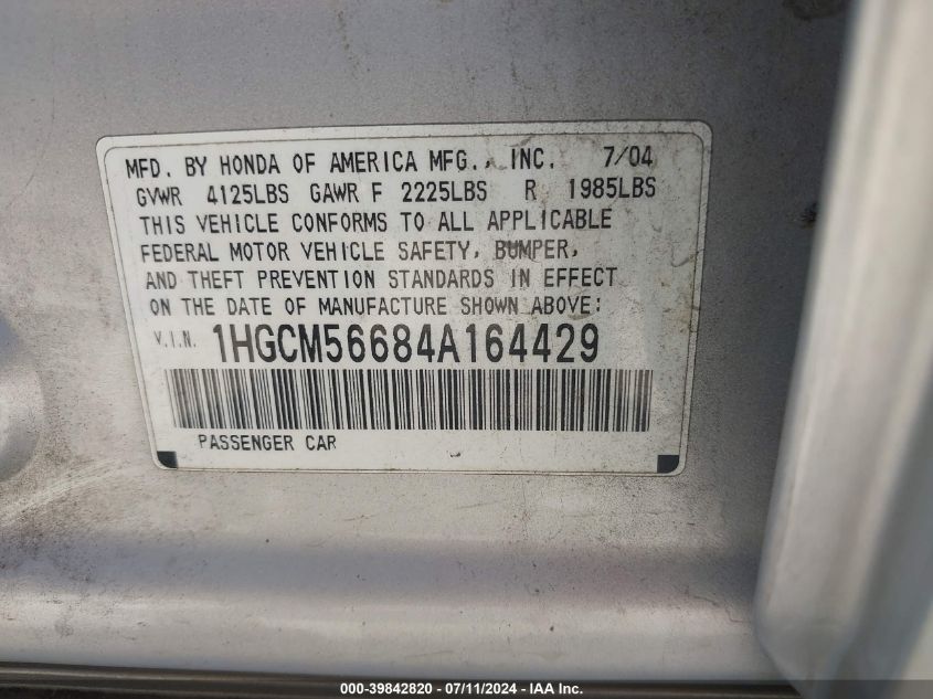 2004 Honda Accord 2.4 Ex VIN: 1HGCM56684A164429 Lot: 39842820