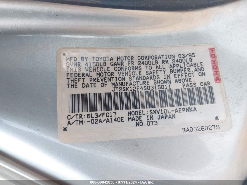 1995 Toyota Camry Le VIN: JT2SK12E4S0315011 Lot: 39842830