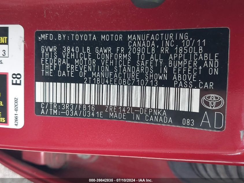 2011 Toyota Corolla Le VIN: 2T1BU4EE0BC710713 Lot: 39842835