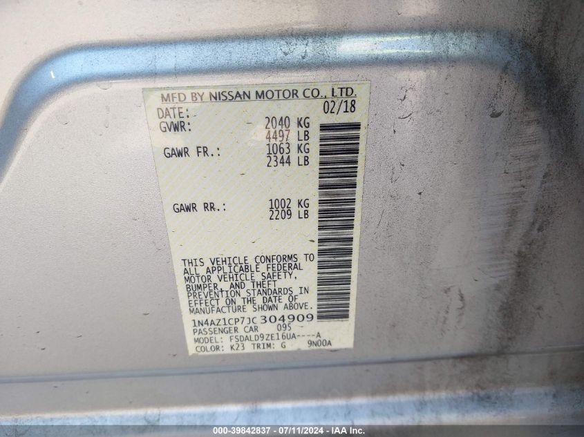 2018 Nissan Leaf Sv VIN: 1N4AZ1CP7JC304909 Lot: 39842837