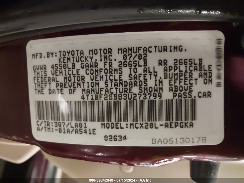 2003 Toyota Avalon Xls VIN: 4T1BF28B83U273799 Lot: 39842840