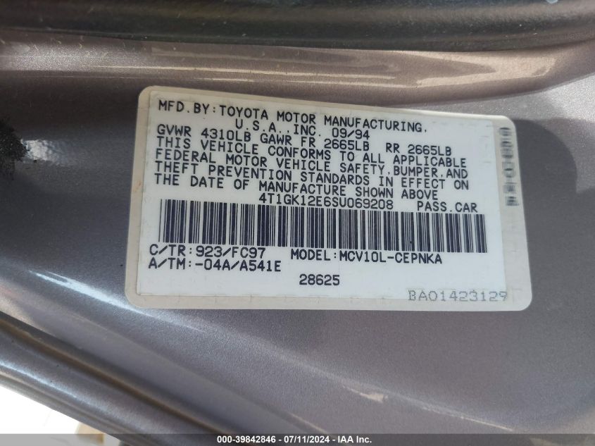 1995 Toyota Camry Le VIN: 4T1GK12E6SU069208 Lot: 39842846