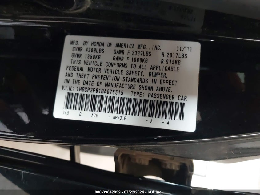 2011 Honda Accord Se VIN: 1HGCP2F61BA075515 Lot: 39842852
