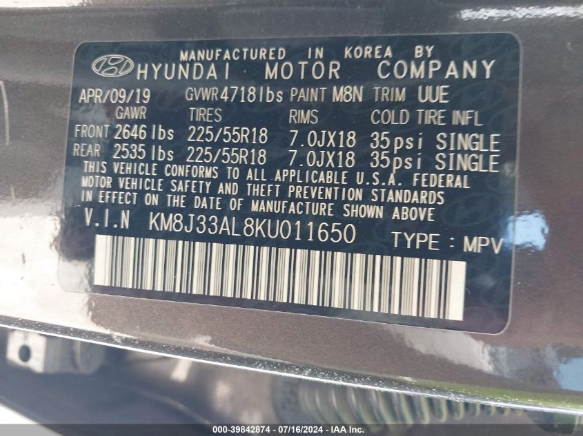 2019 Hyundai Tucson Sel VIN: KM8J33AL8KU011650 Lot: 39842874