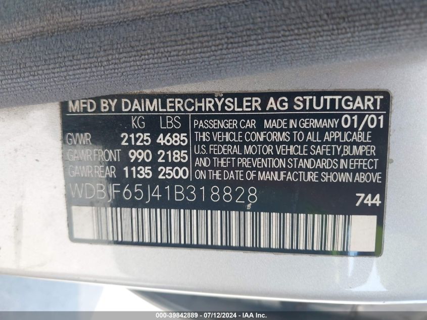 WDBJF65J41B318828 2001 Mercedes-Benz E 320