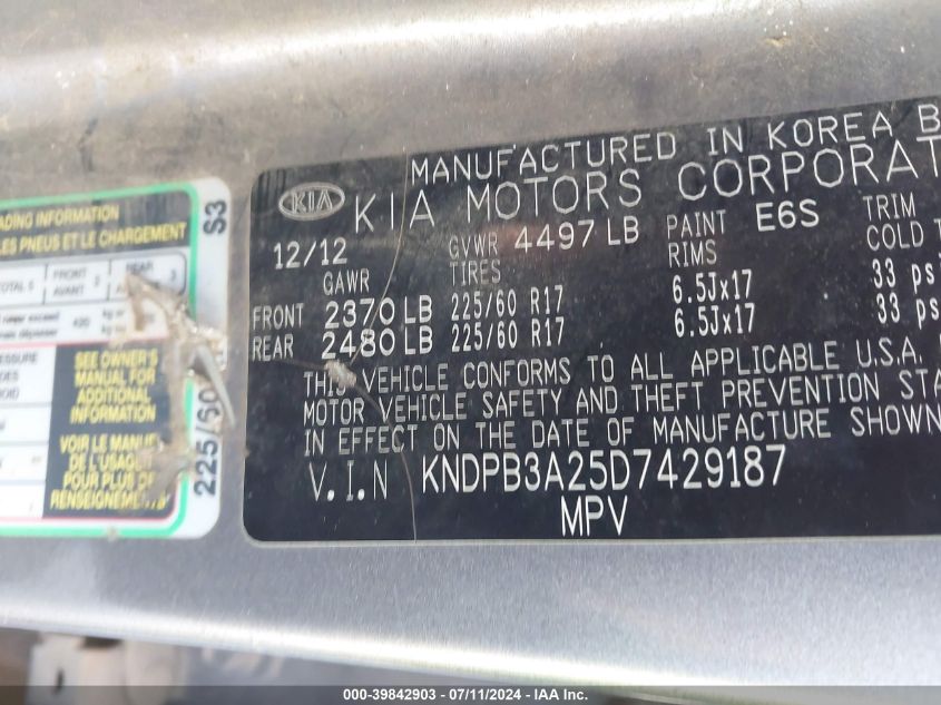 2013 Kia Sportage Lx VIN: KNDPB3A25D7429187 Lot: 39842903