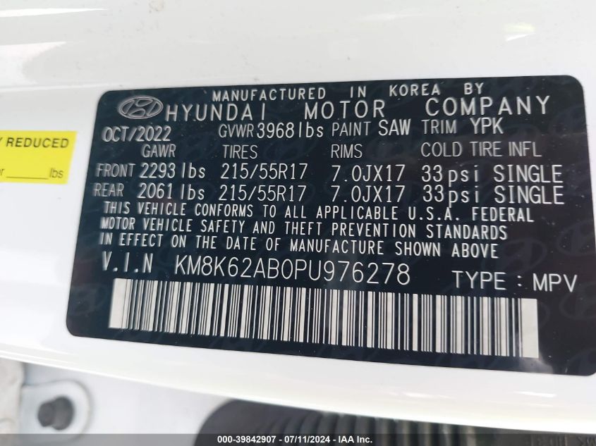 2023 Hyundai Kona Sel VIN: KM8K62AB0PU976278 Lot: 39842907