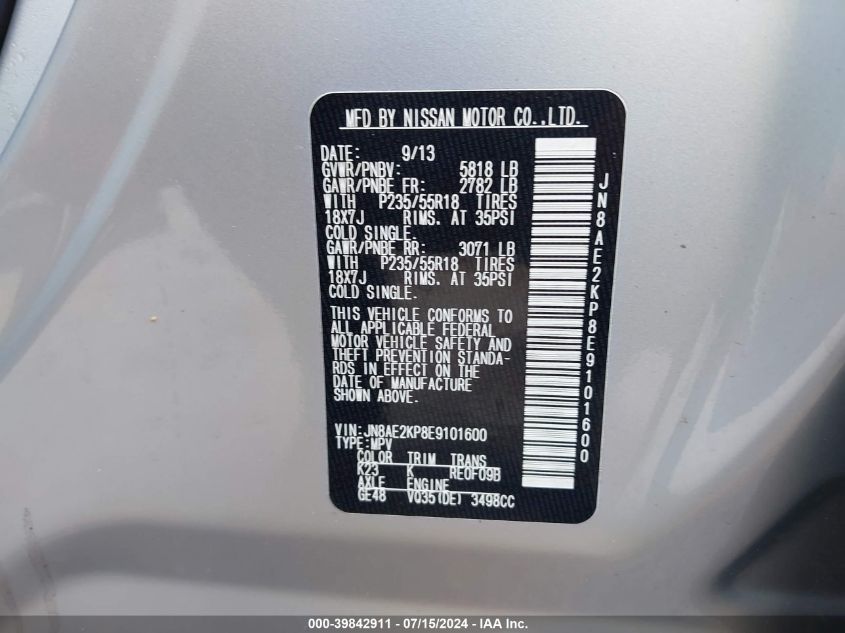 2014 Nissan Quest Sl VIN: JN8AE2KP8E9101600 Lot: 39842911