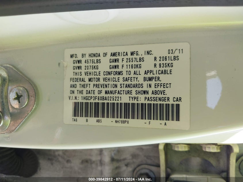 2011 Honda Accord 3.5 Ex-L VIN: 1HGCP3F8XBA025221 Lot: 39842912
