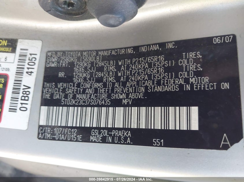 2007 Toyota Sienna Le VIN: 5TDZK23C37S076435 Lot: 39842915