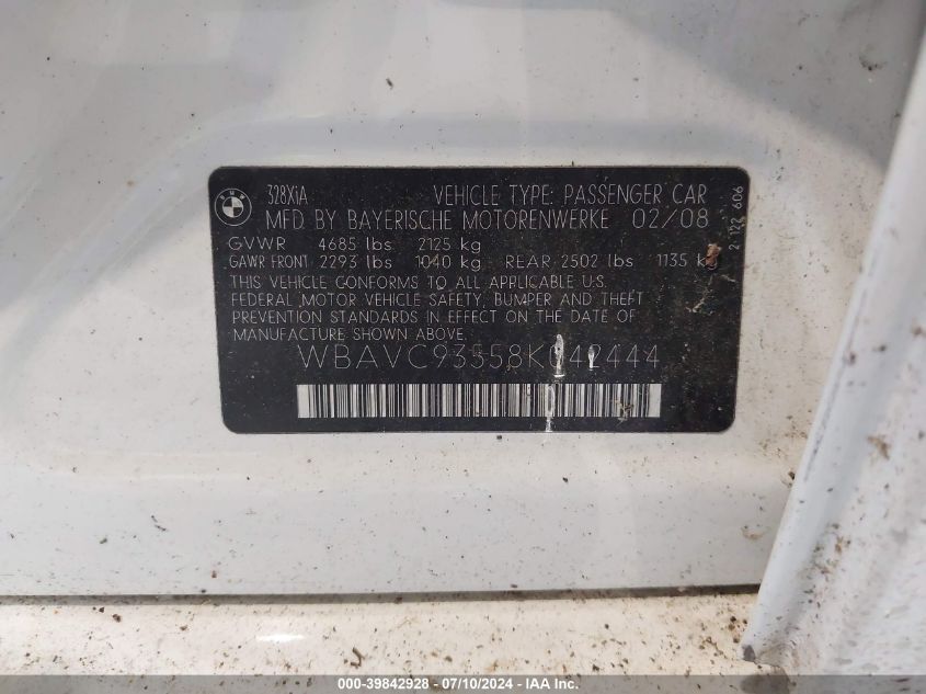 2008 BMW 328Xi VIN: WBAVC93558K042444 Lot: 39842928